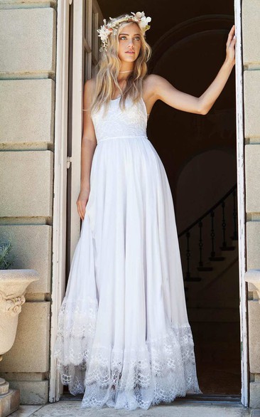 Elegant Spaghetti Strap Floor Length Chiffon Lace Wedding Dress