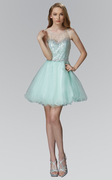 A-Line Short Scoop-Neck Sleeveless Tulle Illusion Dress With Sequins And Ruffles