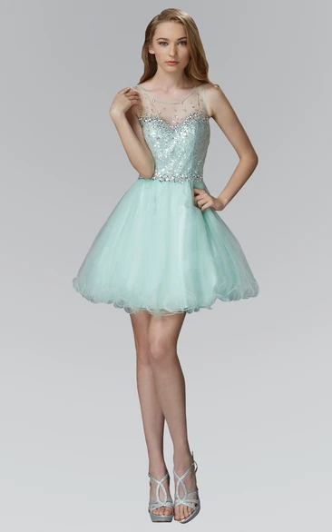 A-Line Short Scoop-Neck Sleeveless Tulle Illusion Dress With Sequins And Ruffles