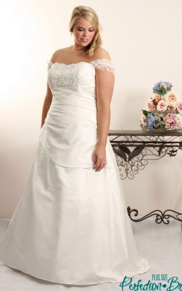 A-line Satin Ruched plus size wedding dress With Appliques