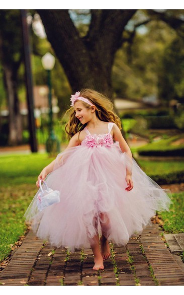 Sleeveless Tulle Pink Light Floral-Bodice Flower Girl Dress