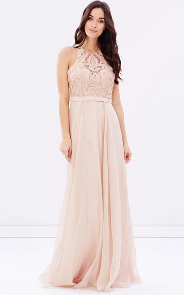 High Neck Sleeveless Chiffon Floor-length Dress With Appliqued top
