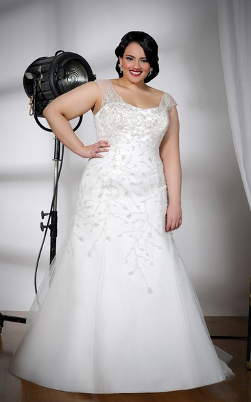 Cap-sleeve Mermaid Tulle Satin plus size wedding dress With Beading