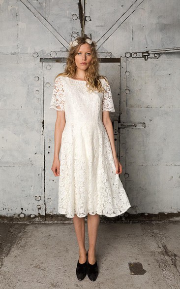 A-Line Short Sleeves Short Bateau-Neckline Wedding Gown