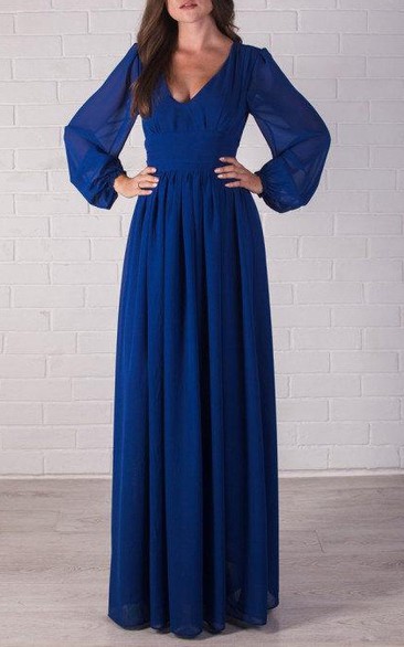 dipped-v-neck bell-sleeve Floor-length Dress With Pleats