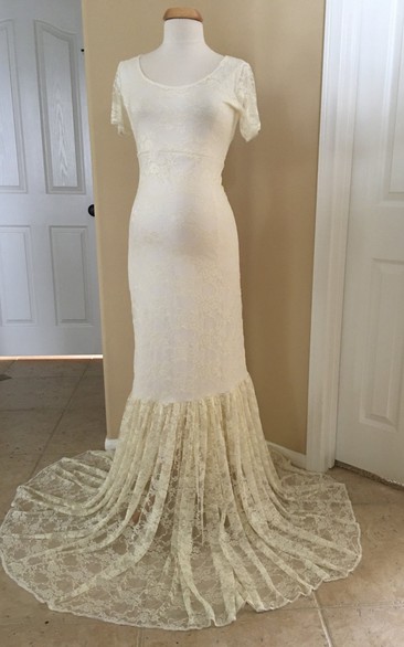 Mermaid Scoop Pleated Short Sleeve Floor-length Brush Train Lace Maternity Wedding Dress