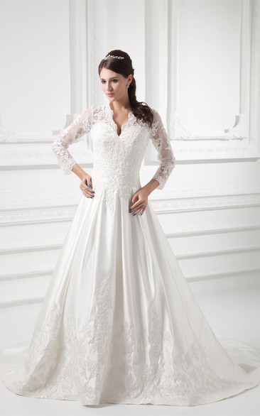 Lace Illusion Long-Sleeve Plunged Scalloped-Neckline Ball Gown
