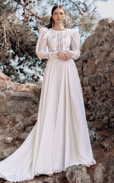 Long Sleeve Scoop-neck Empire Chiffon Lace Boho Casual Wedding Dress