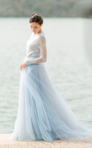Bateau-neck Lace Long Sleeve A-line Dress With Tulle skirt