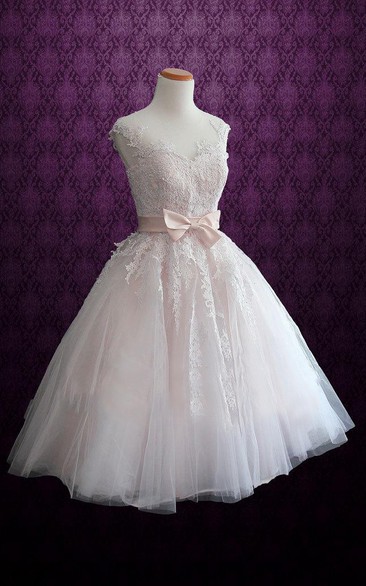 Tulle Satin Tea-Length Short Bridal Lace Dress
