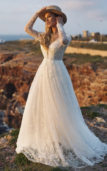 Plunging Ethereal Illusion Long Sleeve Deep V-back Lace A-line Wedding Dress