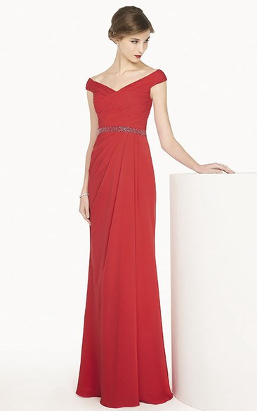 Cap-sleeve Sheath Ruched Long Dress With Embellished Waist