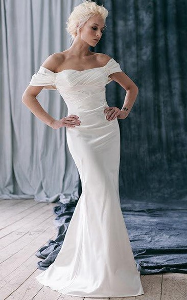 Satin Ruffled Fit-And-Flare Off-Shoulder Bridal Dress