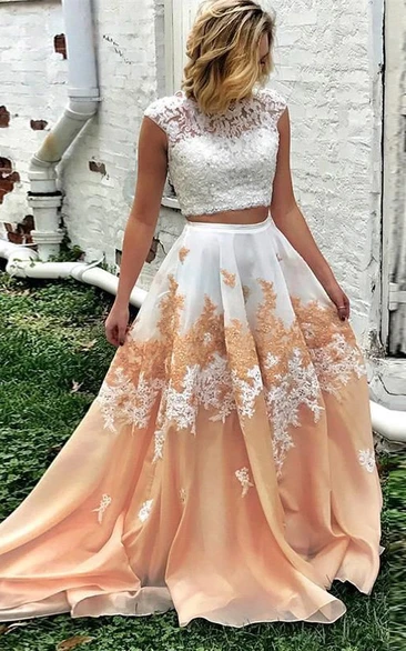Two-Tone Cap Two Piece Applique Wedding Dress with Keyhole