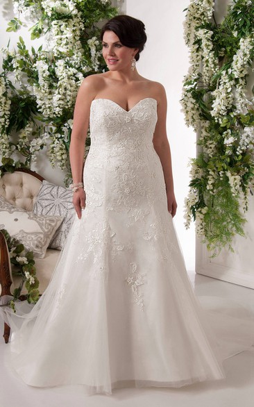 Sweetheart Appliqued Pleated Tulle Satin Wedding Dress With Corset Back