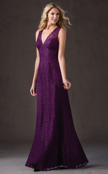 Plunged allover Lace Sheath Floor-length Dress