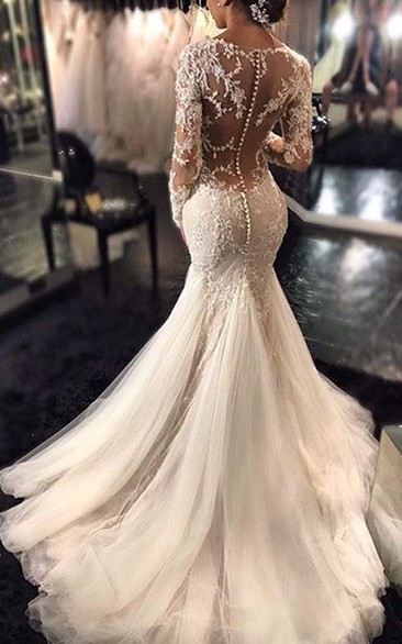 Illusion Mermaid V-neck Long Sleeves Ethereal Lace Tulle Wedding Dresses