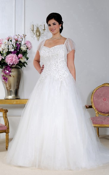 Tulle Satin Beaded A-line Ball Gown With Court Train And Corset Back