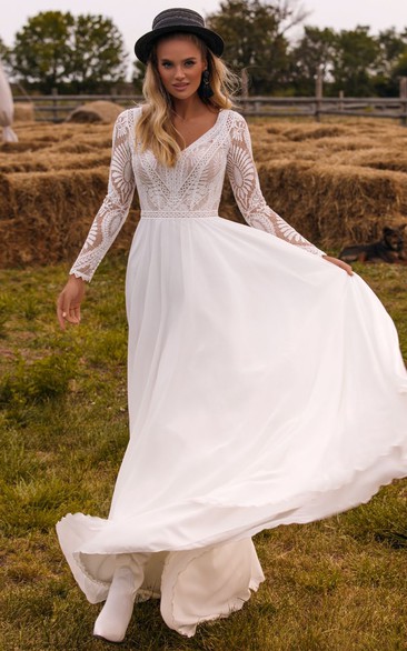 Long Sleeve V-neck Rustic Chiffon Lace Top Wedding Dress
