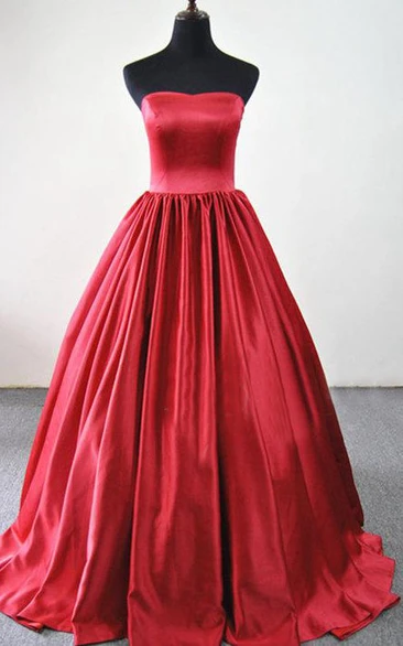 Strapless Satin A-line Ball Gown With Pleats And Court Train