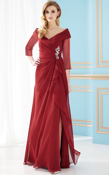 V-neck Chiffon Illusion Long Sleeve Dress With Draping And Split Front
