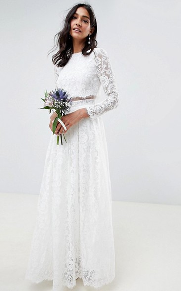 Simple Two Piece Jewel Neckline Long Sleeve Wedding Dress