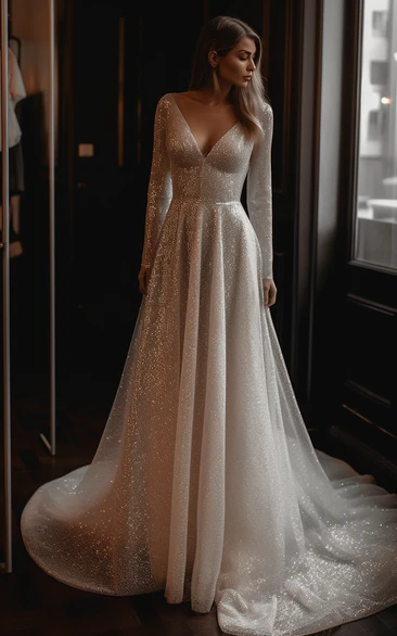 Sexy Sequin Illusion Long Sleeve Beaded A-line Luxury Wedding Dress