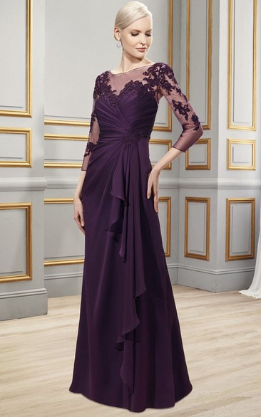 Long-Sleeve Formal Bateau-Neckline Appliqued Chiffon Gown