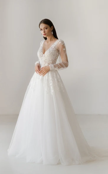 Elegant V-neck White Long Sleeve A-line Ball Gown Winter Wedding Dress