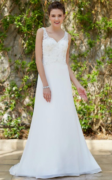 V-neck Sleeveless A-line Wedding Dress With Low-V Back And Sweep Train 