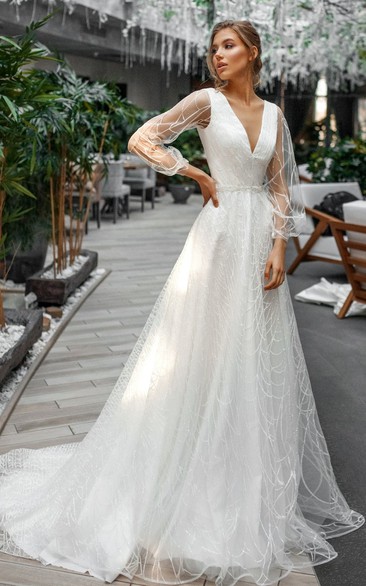Charming Organza A Line V-neck Court Train Wedding Dress with Ruching