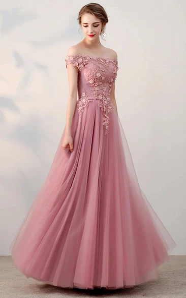 Off-the-shoulder Blush Tulle Empire Applique Prom Dress with Corset Back