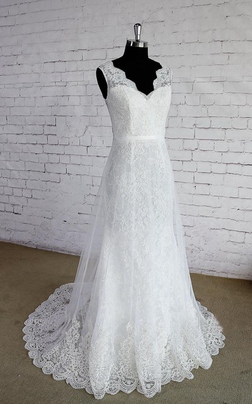 Sleeveless Lace Trim Layered Double Wedding Gown