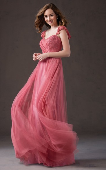 Cap-Sleeved Tulle Gown With Ruffles And Square Back