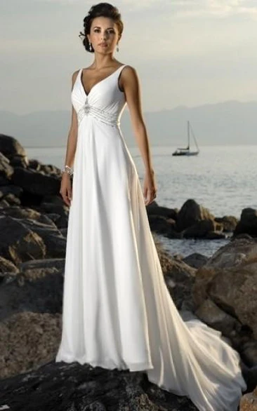 Sleeveless For Brides Bridal V-Neckline High-Waist Beach Dress
