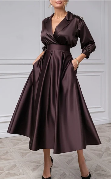 Casual Long Sleeve Brown V-neck Satin Tea-length Evening Dress