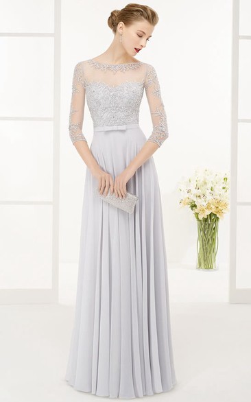 Bateau 3-4-sleeve Pleated Dress With Illusion And Beading