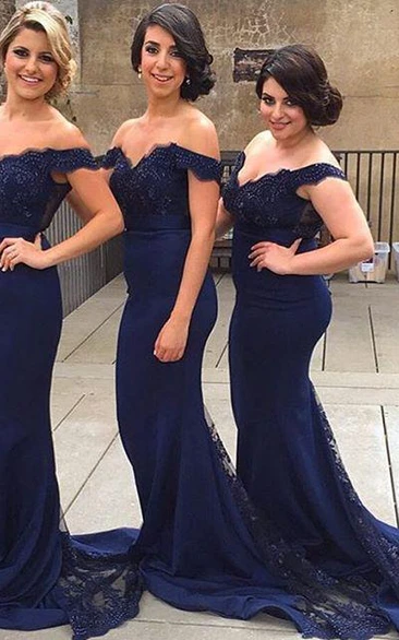 Lace Brush Train Off-The-Shoulder Sassy Bridesmaid Dress