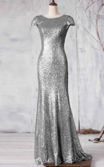 Sequined Sweep Train Cap-Sleeve Bateau-Neck Long Dress