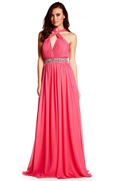 Haltered Chiffon Ruched Dress With Jeweled Waist