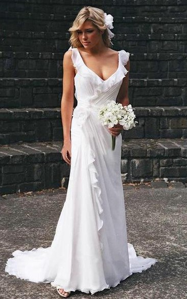 V-neck Chiffon Cap Short Sleeve Wedding Gown