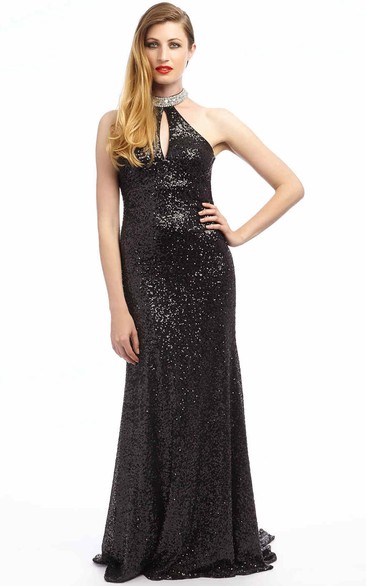 High Neck Sleeveless Sequined evening Dress With Sweep Train 