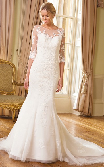 Mermaid/Trumpet Scoop-neck 3-4-sleeve Wedding Dress With Appliques And Court Train