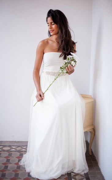 Strapless Floor-length Pleated Wedding Dress With Jeweled Waist