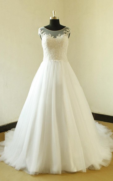 A-Line Elegant Jewel Cap-Sleeve Bateau-Neckline Bridal Dress
