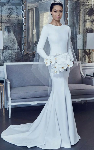 Modest White Sheath Simple Long Sleeve Elegant Mermaid Wedding Dress