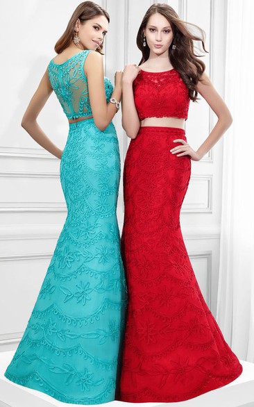 Scoop-neck Lace Two Piece Prom Dress With Illusion back