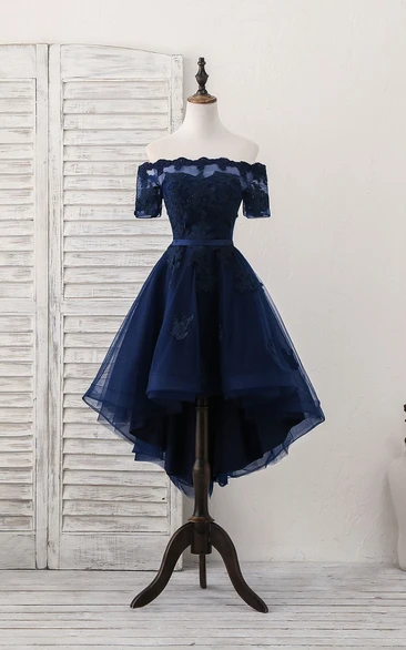 Blue Elegant Off the Shoulder High Low Tulle Dress with Appliques and Ribbon