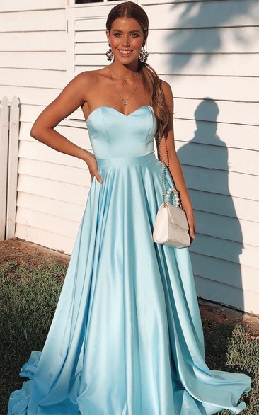 Strapless Sweetheart Satin Sweep Train A Line Evening Dress with Ruffles