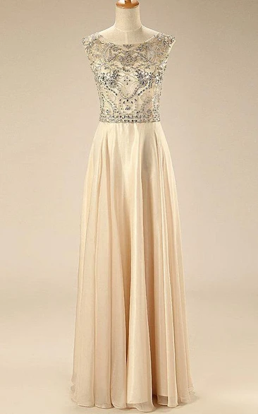 Backless Beaded Cap-Sleeve A-Line Chiffon Dress